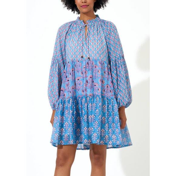 Oliphant Balloon Sleeve Flirty Short Mini Dress Blue Block Print Tuckernuck - Picture 1 of 7